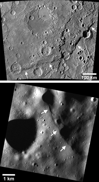 Contraction of Mercury has resulted in numerous fault scarps, including the goliath, 1000 km-long Enterprise Rupes (top), and numerous smaller, 10 km scarps (bottom). Image: NASA/Johns Hopkins University Applied Physics Laboratory/Carnegie Institution of Washington/Smithsonian Institution